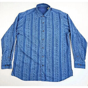 Tommy Bahama Size Large Men's Blue Pattern Silk Cotton Blend Logo Tag Shirt
